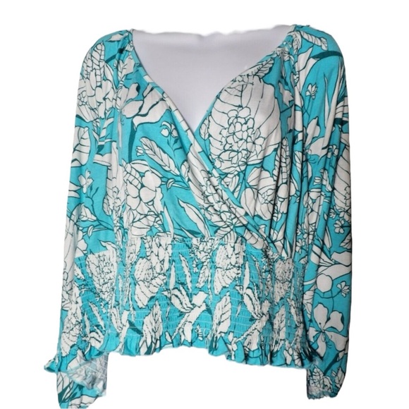 🌺LANE BRYANT Vibrant Soft Stretch Floral Smocked Top in Teal/White  Size 18/20🌺 - Picture 2 of 6